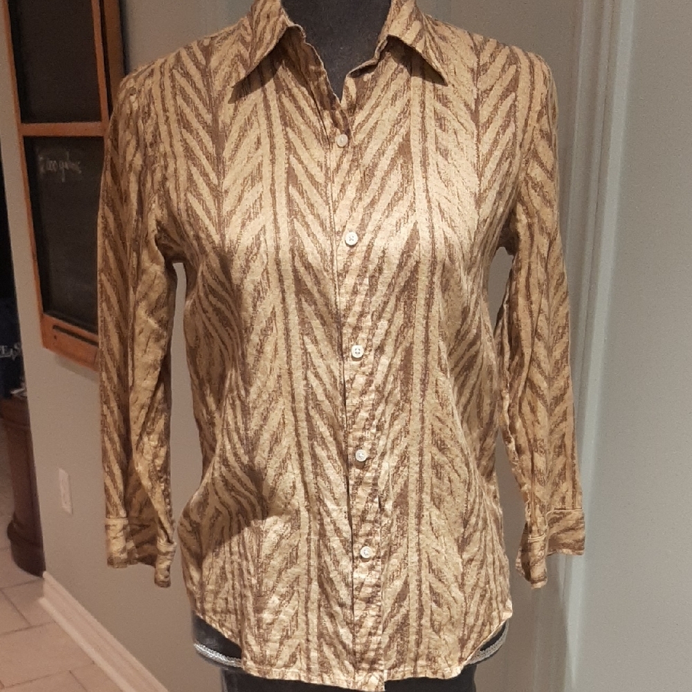 LAUREN💝LINEN 100% Ralph Lauren Tan Patterned Button-Down Shirt SIZE Small